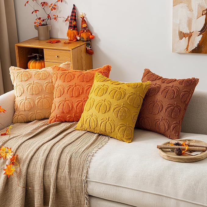 MIULEE Fall Pumpkin Pillow Covers 18x18 Inch Set of 4 - Soft Cozy Plush Decorative Pillows with Embroidered Pumpkin Pattern Autumn Halloween Holiday Decor for Sofa Couch Bed Living Room,Rust-Orange