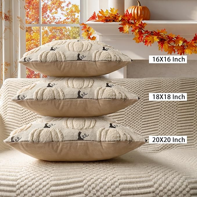 4TH Emotion Fall Pumpkin Decorative Pillow Covers 18x18 Set of 2, Beige Soft Plush Faux Fur Wool Farmhouse Throw Cushion Cases for Autumn Thanksgiving Holiday Home Decorations