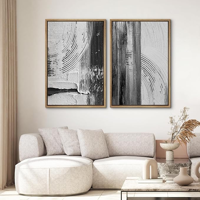 SIGNWIN Framed Canvas Print Wall Art Set Black White Industrial Paint Strokes Abstract Shapes Illustrations Modern Art Minimal Decorative Nordic for Living Room, Bedroom, Office - 16"x24"x2 Natural
