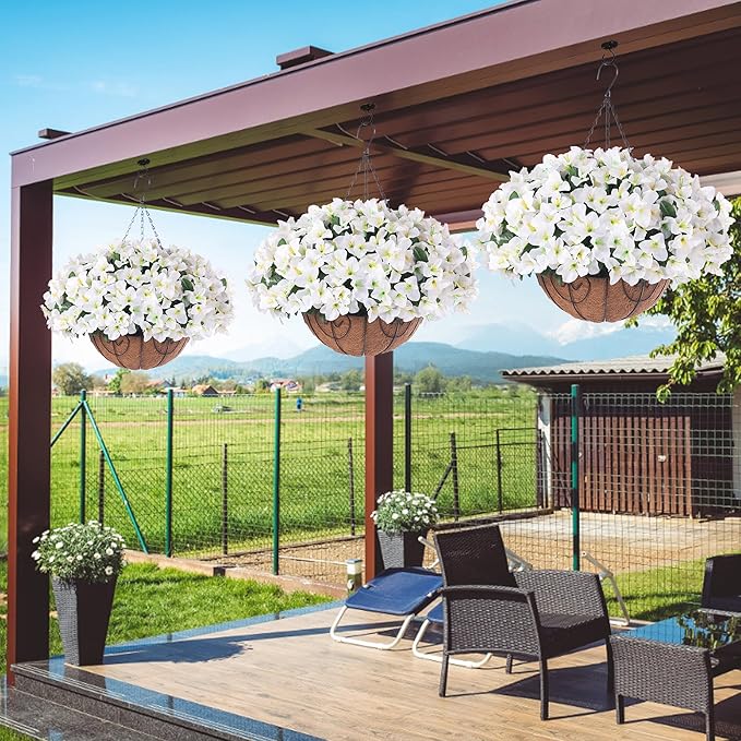Artificial Hanging Flowers Plant with Basket for Outdoors, Fake Hanging Plants Silk Bougainvillea in Planter Look Real UV Resistant Faux Flower for Porch Patio Garden Home Decor (White-New)