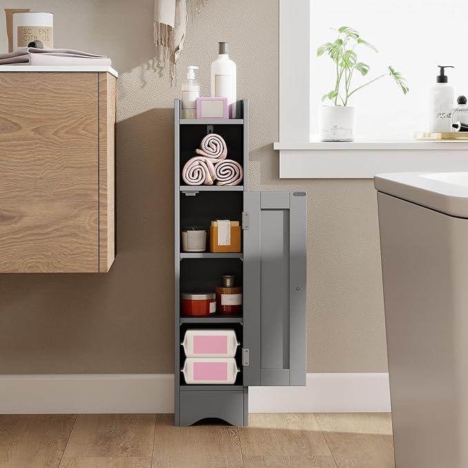 Tangkula Small Bathroom Storage Cabinet with Door, Toilet Paper Holder Stand with Adjustable Shelves & Open Compartment for Small Spaces, Narrow Freestanding Storage, 7 x 7.5 x 31.5 Inches (Grey)