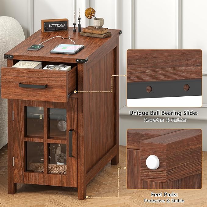 Farmhouse End Table with Charging Station and 1 Storage Cabinet, 1 Drawer, Cherry Wood Nightstand Narrow, Skinny Side Table, Slim Bedside Table, Small Nightstand for Bedroom, Living Room, Sofa