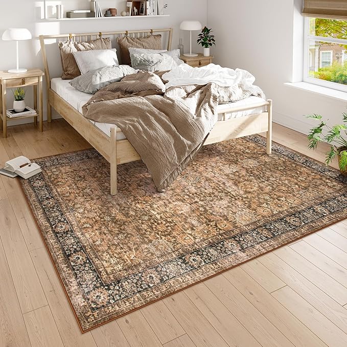 Morebes Washable 6x9 Area Rugs,Vintage Large Area Rug Non Slip,Ultra-Thin Boho Rug for Dining Room Table,Distressed Soft Throw Carpet for Bedroom Office Living Room, Dark Brown