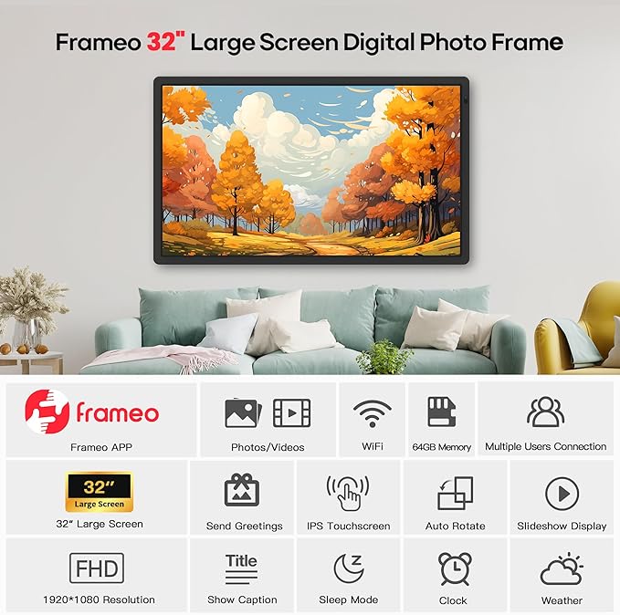Frameo 32" Extra Large Digital Picture Frame, Smart WiFi Photo Frame with 1920x1080 FHD IPS Touch Screen 64GB Memory, Support Wall Mounted Auto-Rotate USB&SD Card, Share Photos/Videos Instantly
