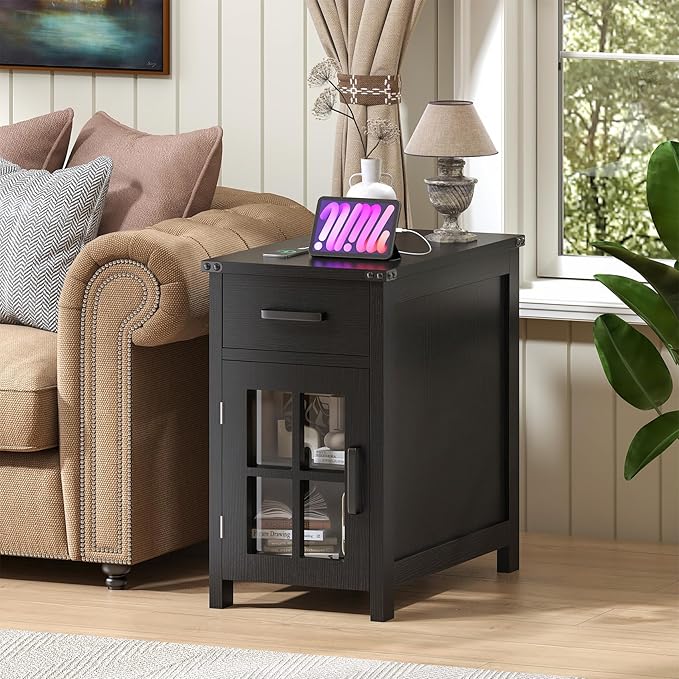 Farmhouse End Table with Charging Station and 1 Storage Cabinet, 1 Drawer, Black Wood Nightstand Narrow, Skinny Side Table, Slim Bedside Table, Small Nightstand for Bedroom, Living Room, Sofa