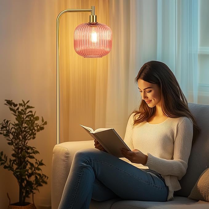 QiMH Glass Floor Lamp for Living Room, 67” Modern Standing Lamp with Pink Ribbed Glass Lampshade Pedal Switch Tall Lamp for Bedroom, Brushed Gold (2700K LED Bulb Included)