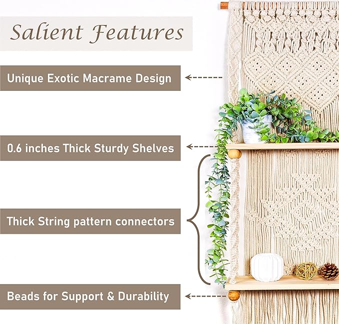 Macrame Wall Hanging Shelf (Tier 2, Natural White)