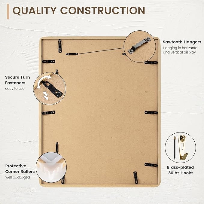 11x14 Picture Frame, Solid Beech Wood Frame with Real Glass, Hard Wood 11 by 14 Photo Frame for Wall & Tabletop Display, 11x14 Picture Frame Matted to 8x10, Natural Beech Color