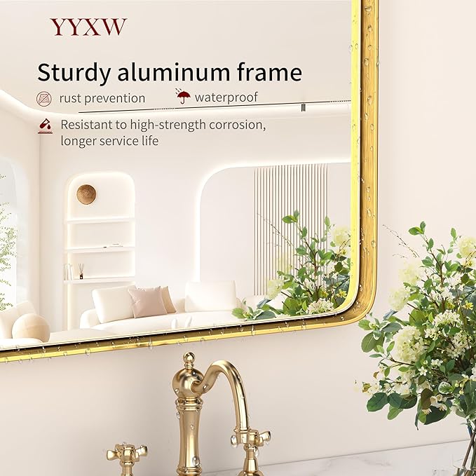 26X34 Inch Gold Metal Framed Bathroom Mirror for Wall, Gold Rounded Rectangle Mirror, Brushed Gold Bathroom Vanity Mirror Farmhouse, Anti-Rust, Tempered Glass, Hangs Horizontally or Vertically
