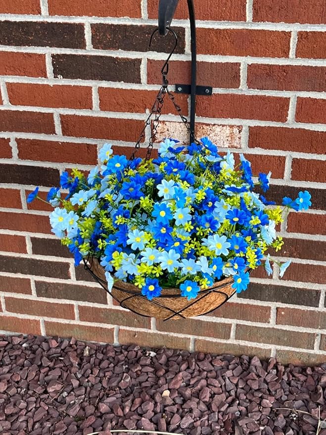 Artificial Faux Hanging Plants Flowers Basket for Summer Autumn Outdoor Outside Porch Decoration, Fake Silk Colorful Daisy Eucalyptus UV Resistant Look Real for Home Patio Balcony Yard