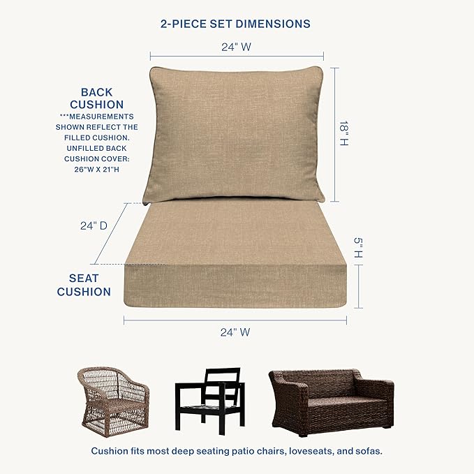 Honeycomb Outdoor Essentials Deep Seat, 24 x 24, Hampton Texture Neutral Chair Cushion for Patio Furniture