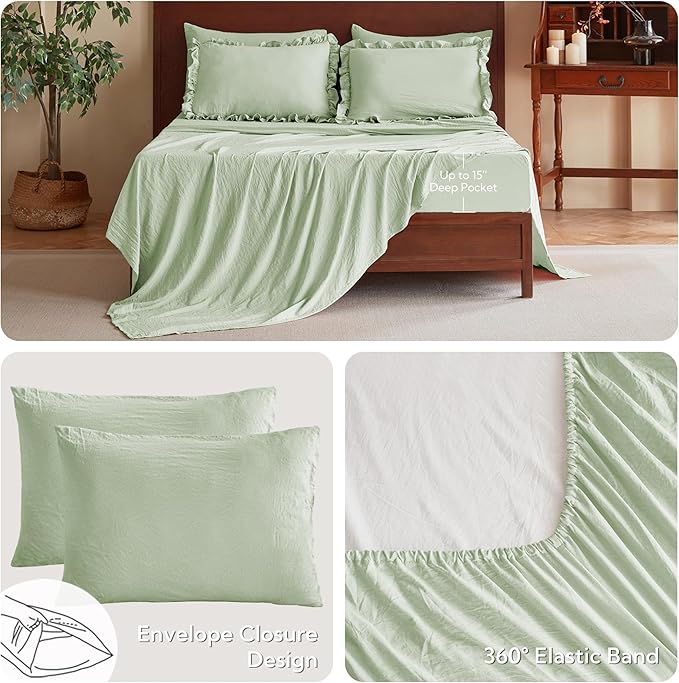 MR&HM Light Green Ruffle Comforter Set, Twin Comforter Sets for College Dorm,Boho Bed in a Bag Set 5 Pieces with 1 Comforter,1 Flat Sheet, 1 Fitted Sheet,1 Pillowcases & 1 Pillow Shams