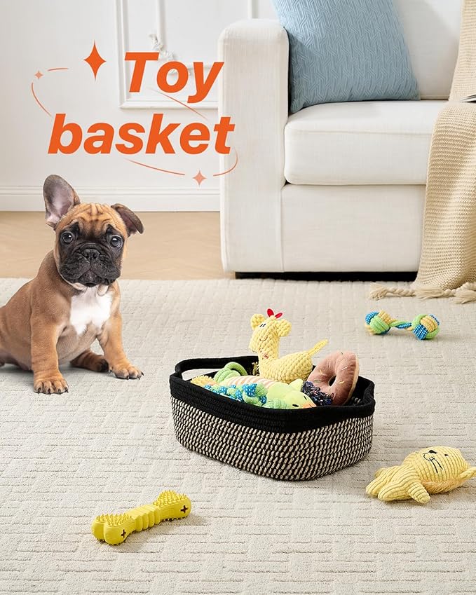 KALLAX Small Woven Basket, 12 x 8 x 4.5 Inches, Small Storage Baskets for Organizing, Gift Baskets Empty, Cute Rope Shelf Closet Storage Bins for Shelves, Dog Toy Basket, Black & Brown