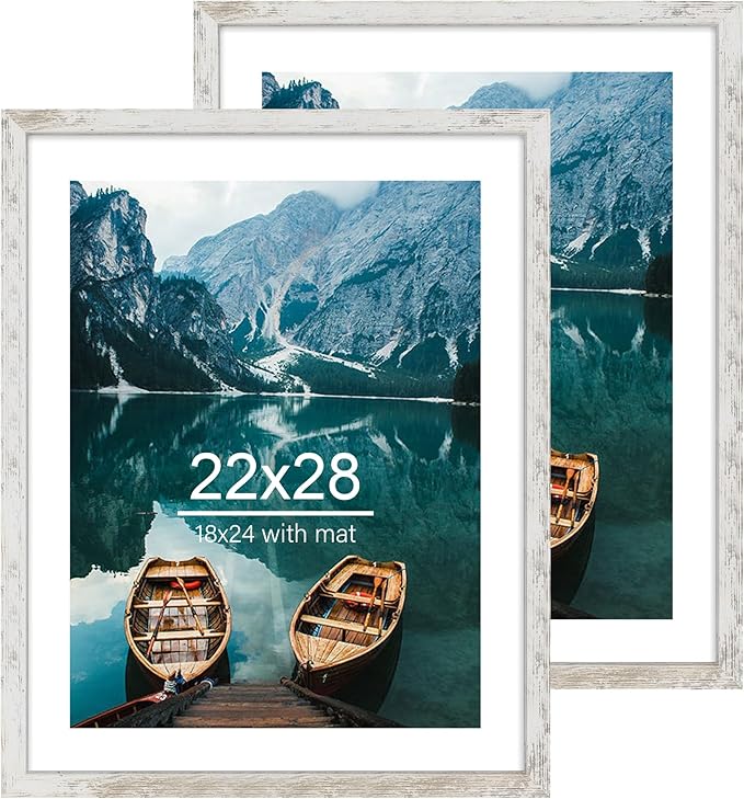 22x28 Frame Set of 2, Distressed White Wood Style - Display 18x24 Picture Frame with Mat or 22 x 28 Poster Frame without Mat, Wall Mounting Horizontal and Vertical