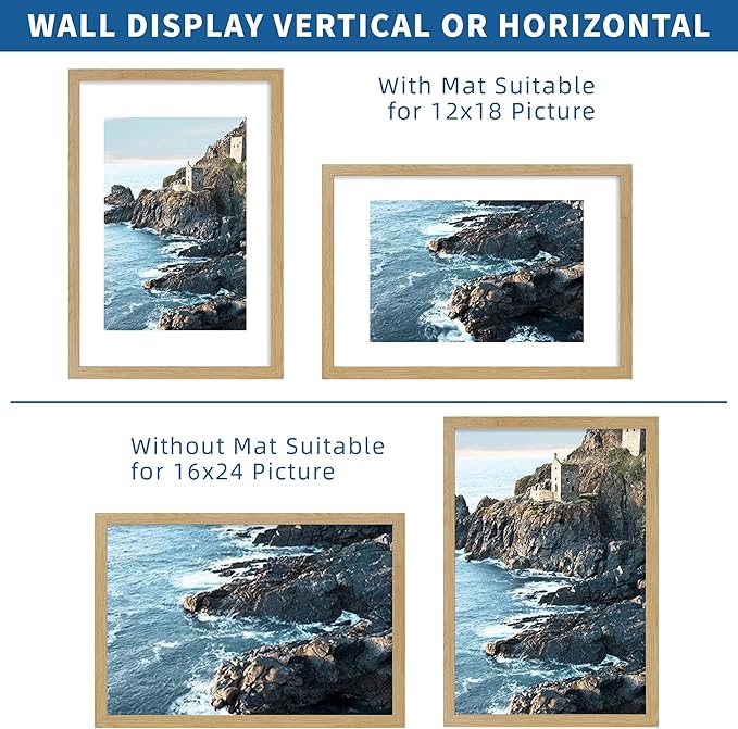 16x24 Frame Set of 2, Natural Oak Wood Style - Display 16 x 24 Picture without Mat or 12x18 Picture with Mat, Wall Mounting Horizontal and Vertical