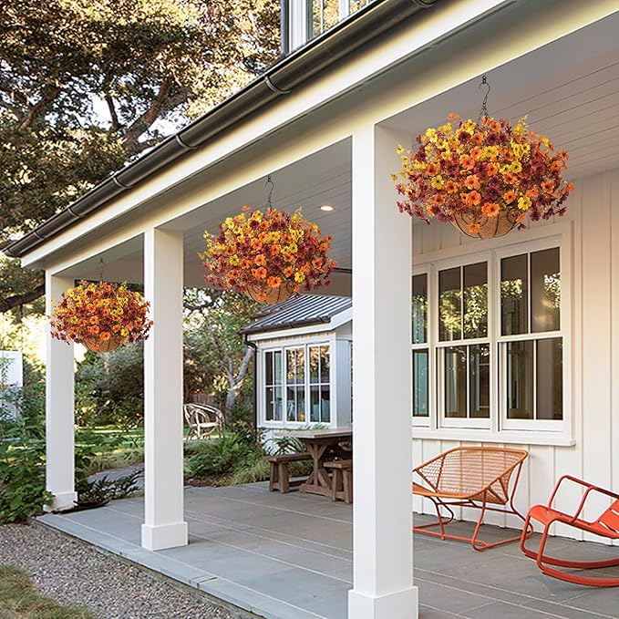 Artificial Fake Hanging Baskets Fall Flowers for Outdoors Decoration, Faux Silk Mums Plants UV Resistant Look Real Outside Yard Patio Front Porch Garden Balcony Home Autumn Decor (Orange Yellow Brown)