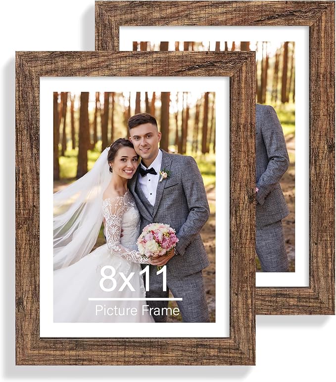 8x11 Picture Frame Set of 2, Made of Real Glass and Rustic Brown Wooden Frame - 8 by 11 Photo for Wall or Tabletop Display