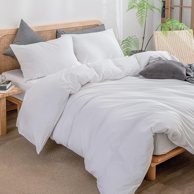 BESTOUCH Duvet Cover Set 100% Washed Cotton Linen Feel Super Soft Comfortable Chic Lightweight 3 PCs Home Bedding Set Solid Bright White Super King Plus
