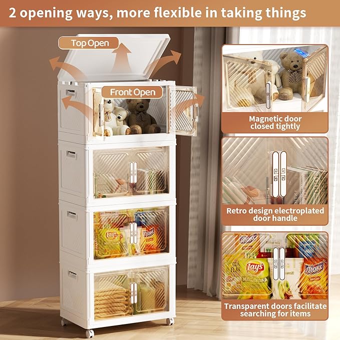 Storage Bins with Lid 48QT, Stackable Storage Containers with Wheels and Magnetic Doors, Plastic Clothes Closet Organizers and Storage Box for Pantry, Home and Office (4 Pack)