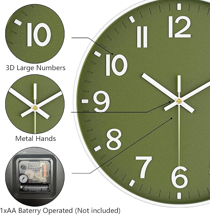 Wall Clock, 8 Inch Wall Clocks Battery Operated, Modern Non Ticking Silent Digital Analog Small Wall Clock for Bedroom Living Room Kitchen Office Gym Classroom Outdoor Clocks, Olive Green