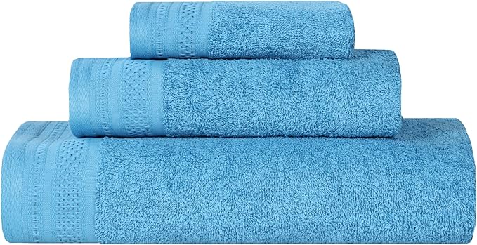 Superior Honeycomb Cotton Medium Weight Towels, for Guest Bath, Master Bathroom, Shower, Quick Dry, Adults, Home Essentials, Textured Waffle Border, Assorted Towel Set, 3 Piece Towel Set, Azure