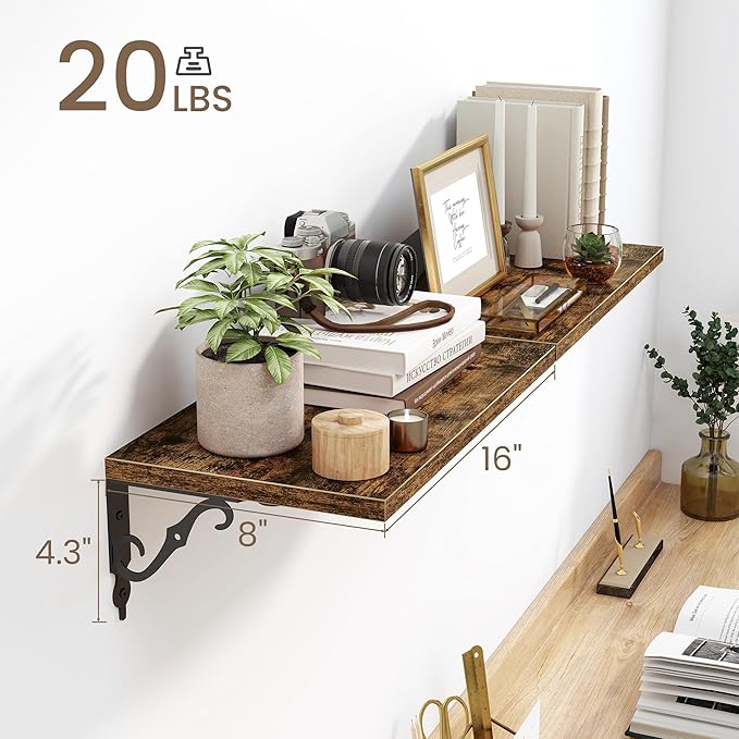 16 Inch Deep Floating Shelves for Wall, 8 Inch Deep Floating Shelf with Bracket, Wall Shelves 16 Inches Long, Wide Display & Storage Shelves for Living Room, Bathroom, Bedroom, Rustic Brown, Set of 2