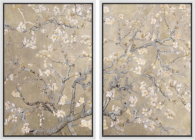 MUDECOR Framed Canvas Print Wall Art Blossoming Almond Tree Elegant Floral Illustrations Modern Art Decorative Bohemian Calm/Zen for Living Room, Bedroom, Office - 24"x36"x2 White
