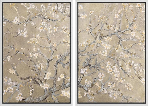 MUDECOR Framed Canvas Print Wall Art Blossoming Almond Tree Elegant Floral Illustrations Modern Art Decorative Bohemian Calm/Zen for Living Room, Bedroom, Office - 24"x36"x2 White