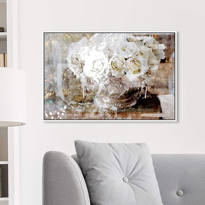 The Oliver Gal Artist Co. Floral and Botanical Framed Wall Art Canvas Prints 'Serving Roses' Florals, White, Gold, 30" x 20"