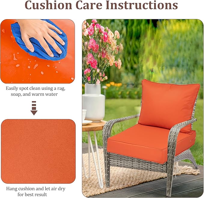 Waterproof Outdoor Chair Cushion Set of 4, 24x24x5 IN Deep Seat Patio Cushions with Fade Resistant Removable Cover,Outdoor Cushions for Patio Furniture with Ties&Handle for Chair Sofa Couch,Orange