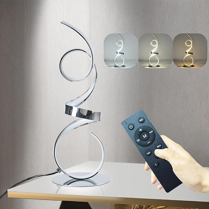 20W Modern Table Lamp,2700LM 3 Colors Remote Stepless Dimmable Bedside Lamp, Chrome LED Art Desk Lamp 21.4 Inch with Touch Switch for Living Room,Bedroom