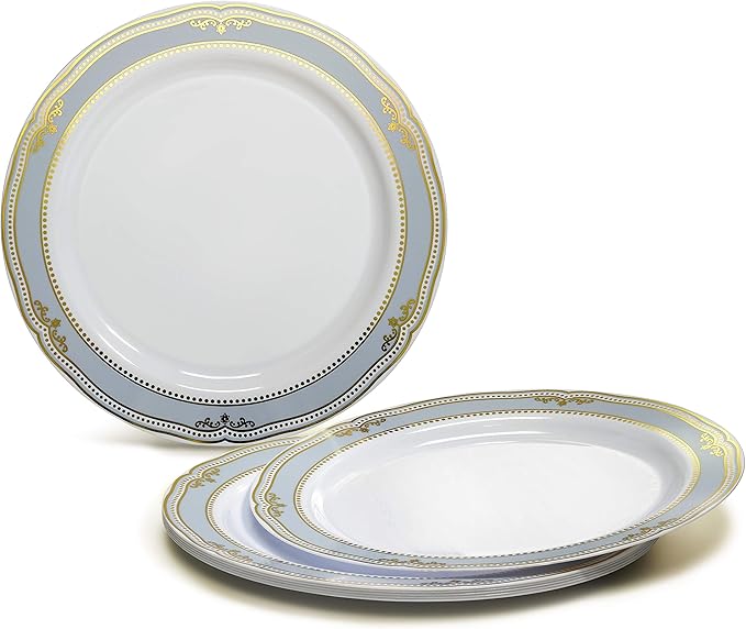" OCCASIONS " 240 Plates Pack,(120 Guests) Premium Wedding Party Disposable Plastic Plates Set -120 x 10.25'' Dinner + 120 x 7.5'' Salad/Dessert (Scalloped in White/Blue & Gold)