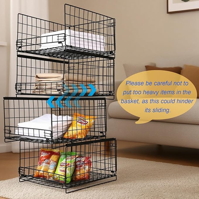 4-Tier Stackable Closet Storage Organizers, Storage Shelves, Clothes Basket, Clothes Shelf Organizer for Living Room Wardrobe Kitchen Bathroom Office, Black