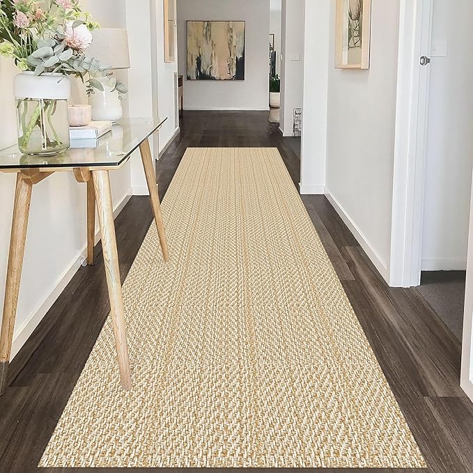 IOHOUZE Washable Runner Rug 3x10 Non Slip Rubber Backed Long Hallway Runner Entryway Runner Indoor, Kitchen Rugs Woven Cotton Floor Carpet for Hall Entrance, Warm Beige/Orange/Apricot