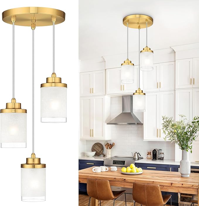 TENGXIN 3-Light Brushed Gold Pendant for Kitchen Island, Hanging Lamp Ceiling Fixture, Glass Light for Bedroom, Farmhouse Pendant for Dining Room