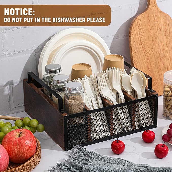 Wooden Paper Plate Dispenser Utensil Holder Kitchen Counter Cutlery Flatware Organizer for Party Utensil Caddy Paper Plate Holder for Cups Spoons Forks Napkins, Kitchen Accessories