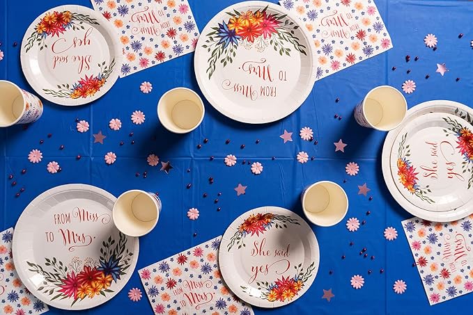 Bridal: From Miss to Mrs (Colorful Floral) Tableware Pack: Disposable Paper Plates, Napkins and Cups Set for 20
