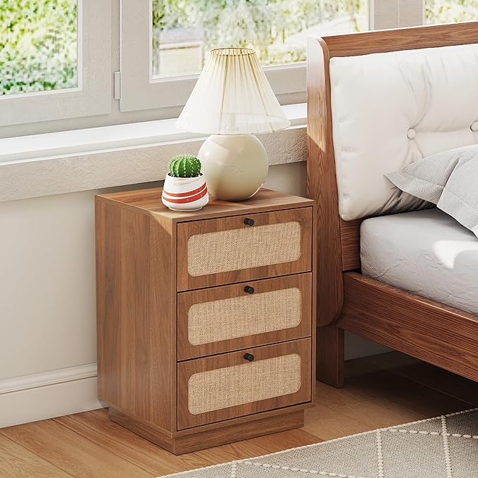 Nightstand with 3 Drawers Set of 2, Mid Century Modern Night Stand with Linen Drawers & Stable Legs, Wood Rustic Bedside Table End Table Side Table for Bedroom, Walnut