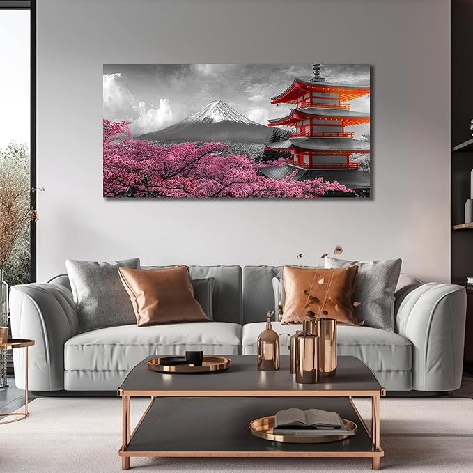 Mount Fuji Wall Art for Living Room Japanese Wall Decor for Bedroom Cherry Blossom Canvas Wall Art for Dining Room Size 24 x 48 Inch