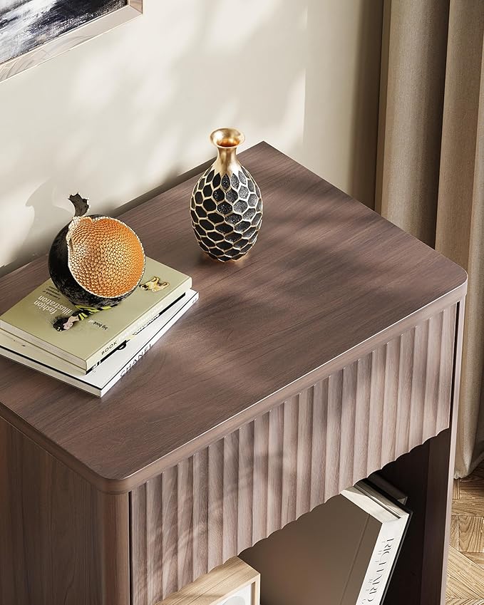 WLIVE Night Stand, Wood Nightstand with Storage Drawer and Open Shelf, Fluted Bedroom Nighstand, Mid Century Bed Side Table, End Tables Living Room, Dorm, Home Office, Carrocci Brown