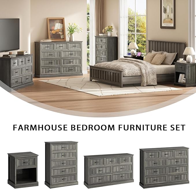 CARPETNAL 20" Farmhouse Nightstand Set of 2, End Table with Large Drawers & Open Storage, Side Table, Bedside Table for Bedroom, Living Room, Grey