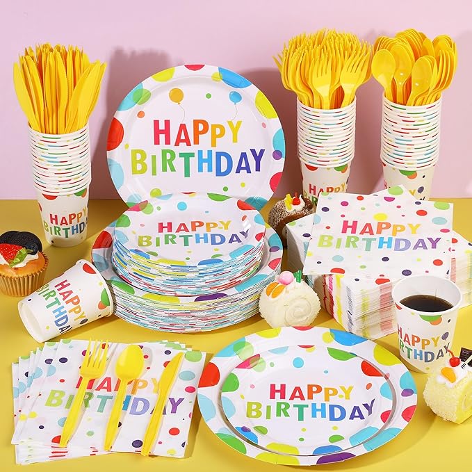 400 Pieces Happy Birthday Party Decorations Including Disposable Paper Plates Cups Napkins Tableware Sets Serves 50 for Birthday Party Supplies