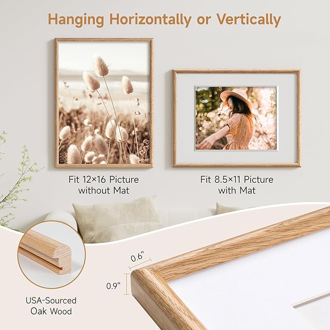 12x16 Picture Frame Set of 3 - Solid Oak Wood Picture Frames with HD Tempered Glass, Handcrafted Rounded Corner 12 x 16 Wooden Frame Matted to 8.5x11 Photos, Horizontal or Vertical Wall Display