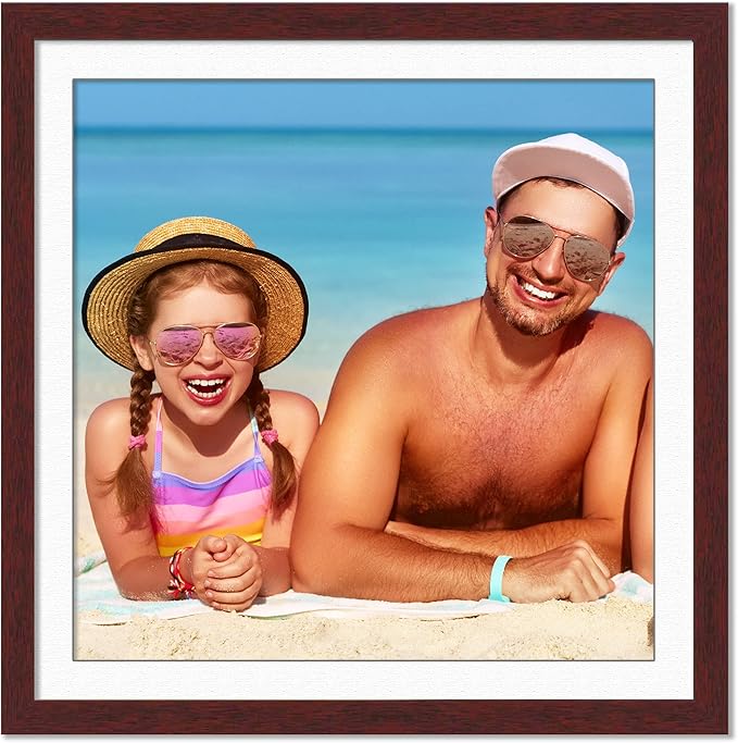 12x12 Frame with Mat - Brown 15x15 Frame Wood Made to Display Print or Poster Measuring 12 x 12 Inches with White Photo Mat