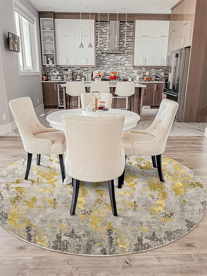 vivorug Round Rug 4ft Abstract Round Area Rug Non-Slip Indoor Carpet for Living Room Bedroom Entryway, Stain Resistant Home Decor Circle Rug, Grey/Mustard