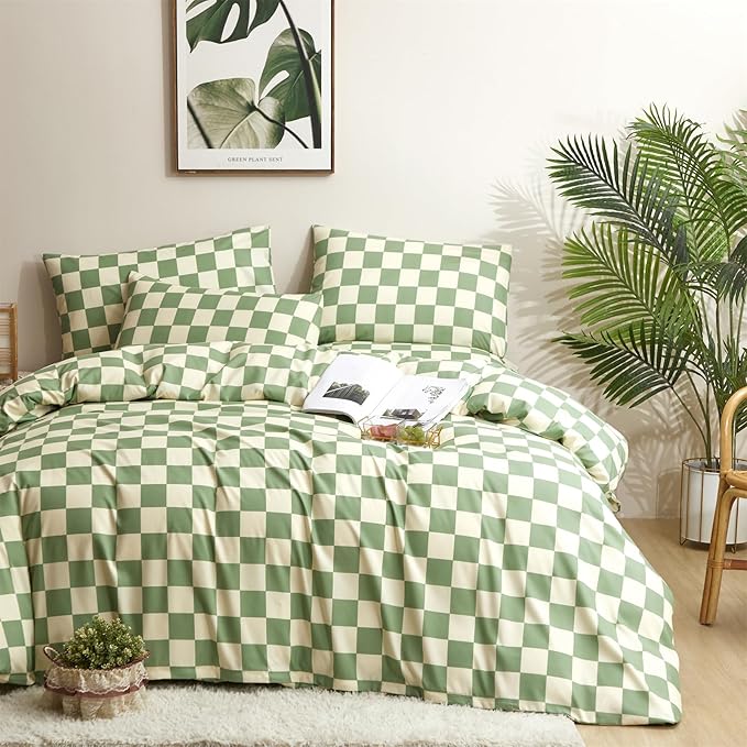 Pureant Green White Plaid Comforter Sets Queen Women Men Sage Green Checkerboard Grid Bedding Comforters Cotton Boys Girls Modern Grass Green and White Checkered Geometric Quilts Luxury Abstract Bed