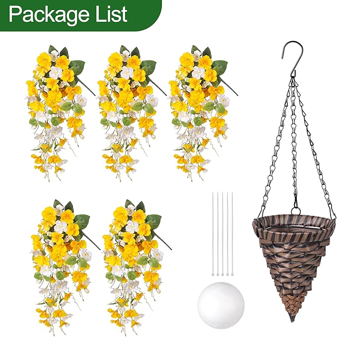 Artificial Fake Fall Hanging Flower Plants Basket for Outdoors Decoration, Faux Silk Hibiscus Long Vines in Planter UV Resistant Realistic Flowers for Outside Patio Porch Home Decor (YellowWhite)