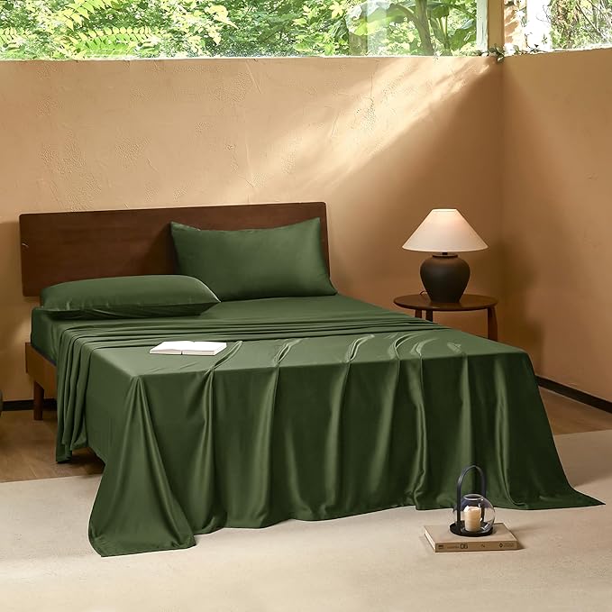 EVERLY King Sheets Set,Luxuriously 400 Thread Count Organic Viscose Derived from Bamboo Bed Sheet,Cooling Sheets for King Size 4 Piece Deep Pockets Bedding Sheets &Pillowcases-Dark Green