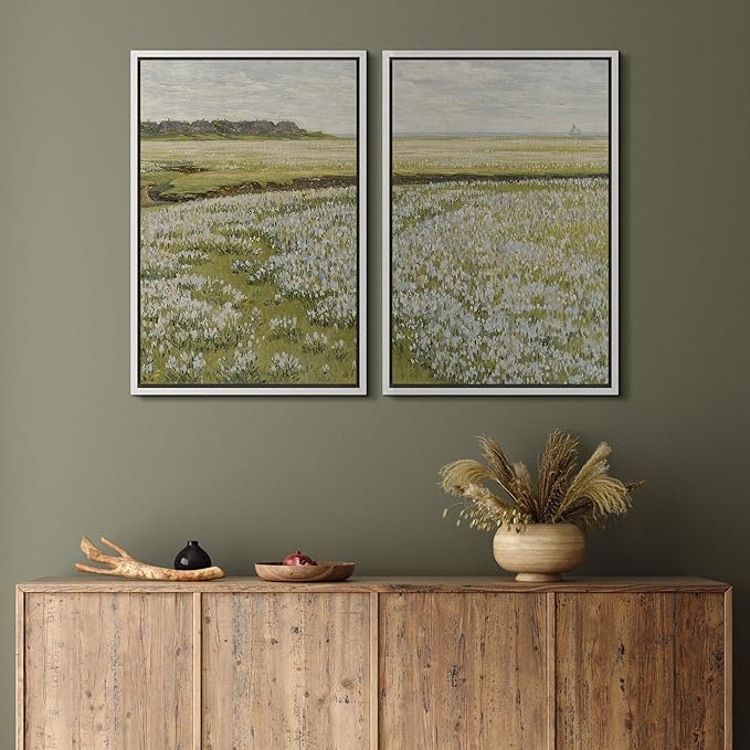 MUDECOR Framed Canvas Print Wall Art Fields of White Flowers Serene Nature for Home Decor Nature Wilderness Illustrations Realism Decorative Scenic for Living Room, Bedroom, Office - 24"x36"x2 White