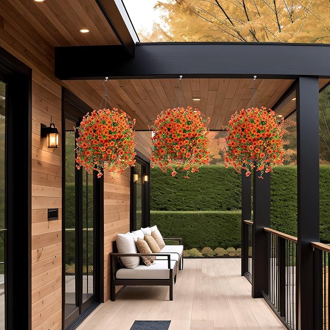 Artificial Fake Fall Hanging Flowers Plants with Basket for Outdoor Decor, Fake Mums Autumn Plants No Fade Plastic Faux Silk Daisy Flowers Fall Decoration for Farmhouse Home Garden Porch Patio(Orange)